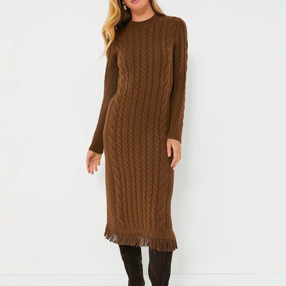 Tuckernuck Brown Cable-Knit Midi Dress with Fringe Hem